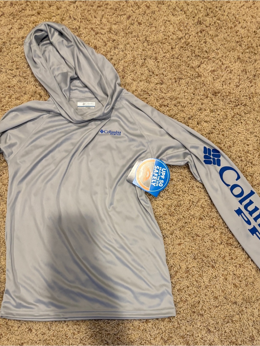 Columbia Youth Light Gray Hooded UPF Shirt with Blue Logo